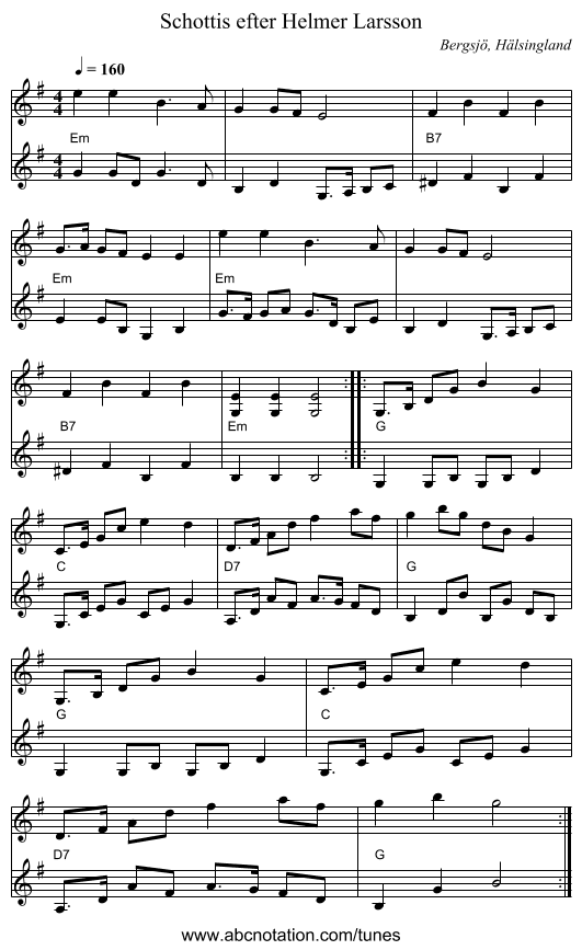 Schottis efter Helmer Larsson - staff notation