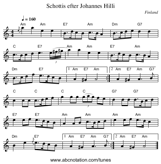 Schottis efter Johannes Hilli - staff notation