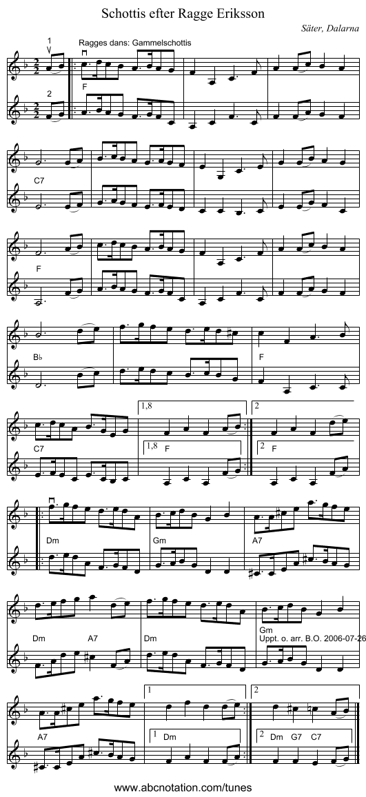 Schottis efter Ragge Eriksson - staff notation