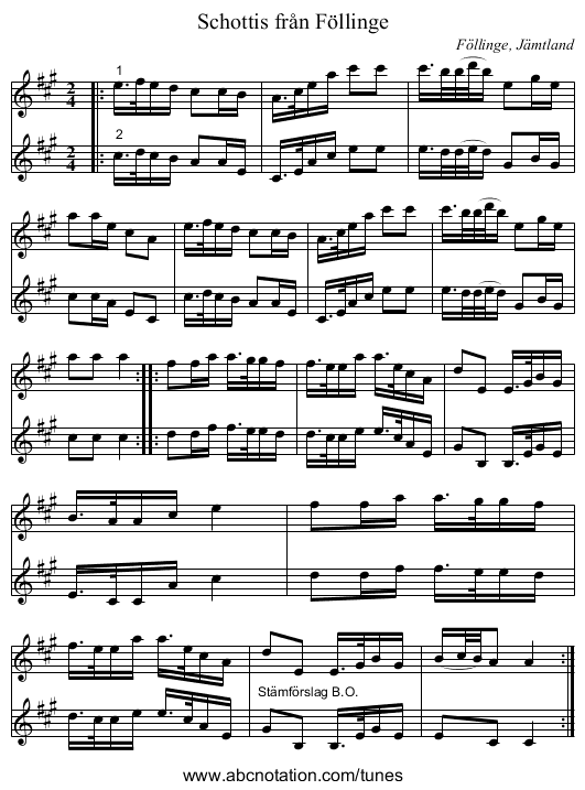 Schottis från Föllinge - staff notation