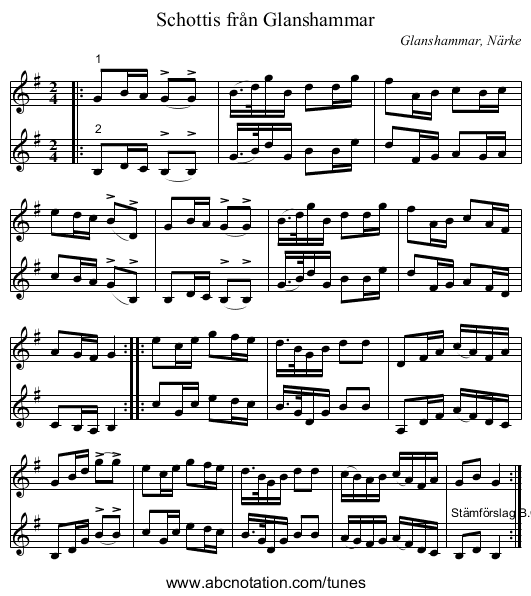 Schottis från Glanshammar - staff notation