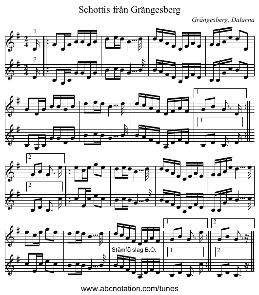 Schottis från Grängesberg - staff notation