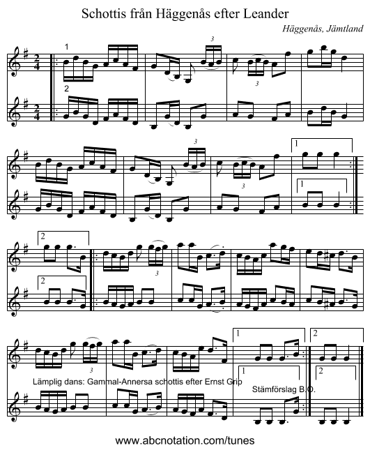 Schottis från Häggenås efter Leander - staff notation