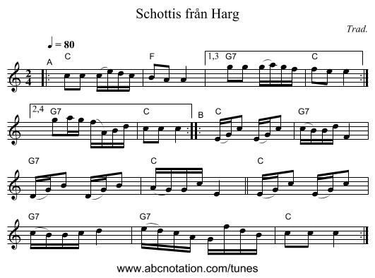 Schottis från Harg - staff notation