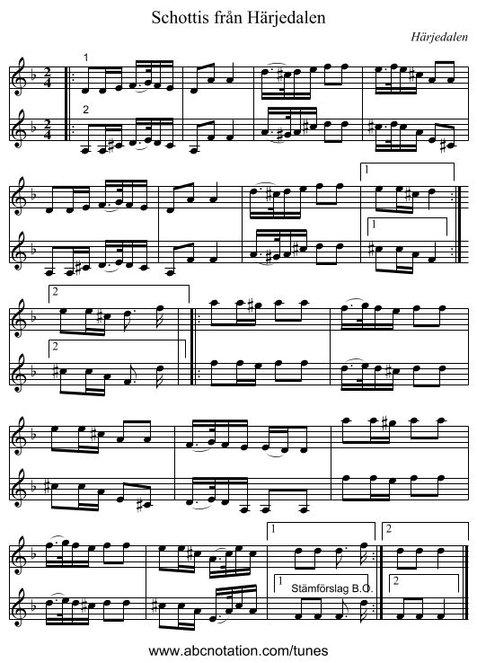 Schottis från Härjedalen - staff notation