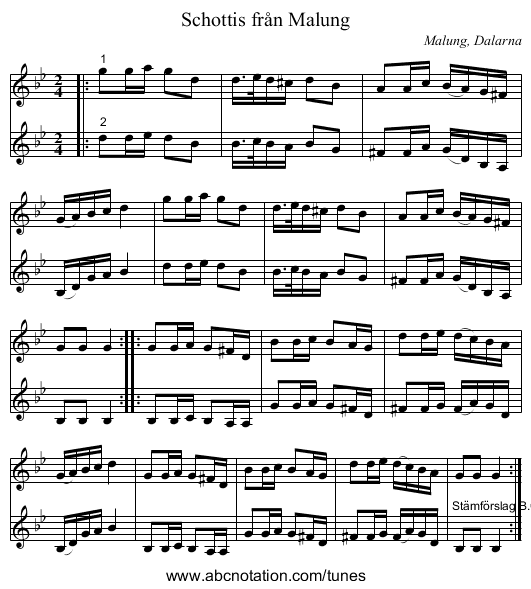 Schottis från Malung - staff notation