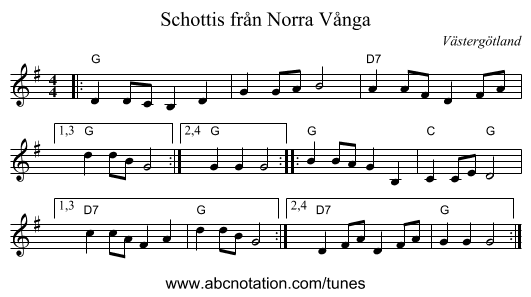Schottis från Norra Vånga - staff notation