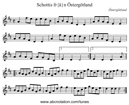 Schottis fr&aring;n &Ouml;sterg&ouml;tland - staff notation