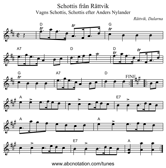 Schottis från Rättvik - staff notation