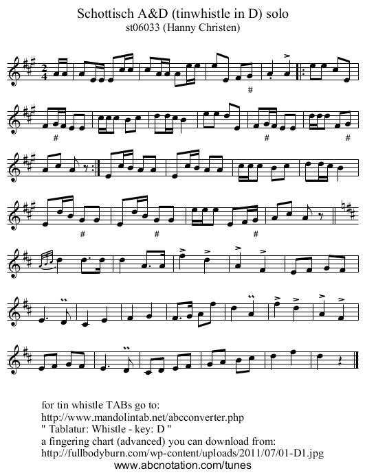 Schottisch A&D (tinwhistle in D) solo - staff notation