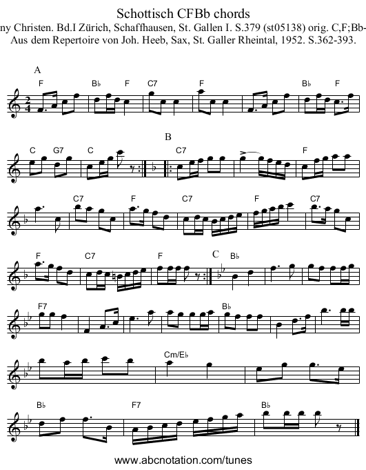 Schottisch CFBb chords - staff notation