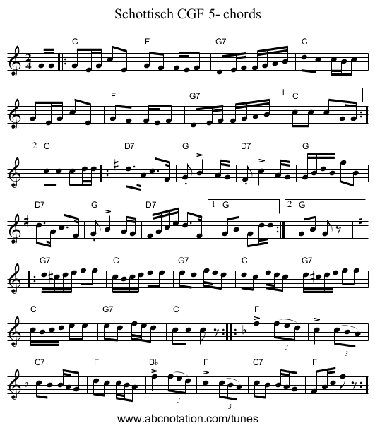 Schottisch CGF 5- chords - staff notation