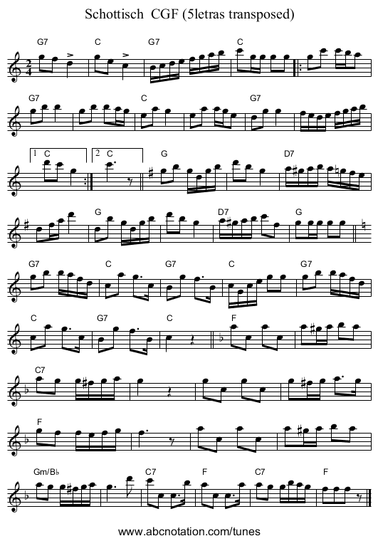 Schottisch  CGF (5letras transposed) - staff notation