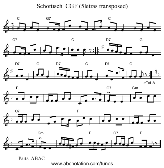 Schottisch  CGF (5letras transposed) - staff notation
