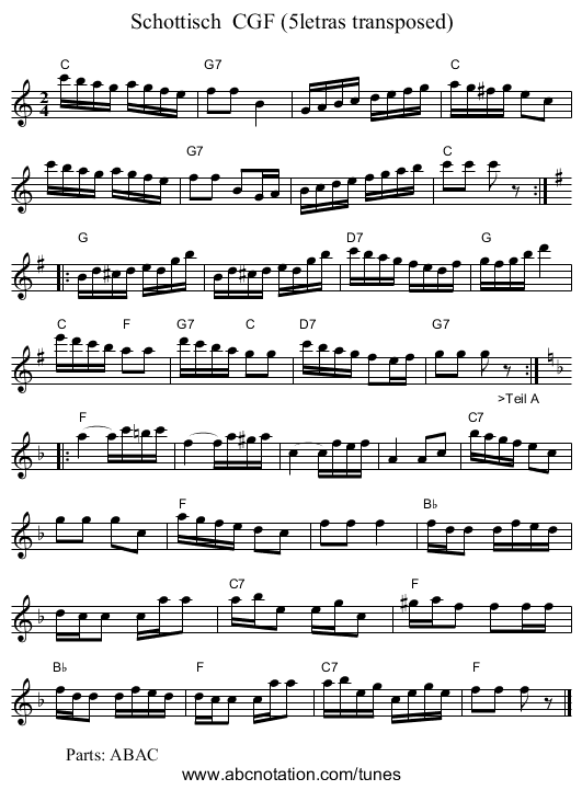 Schottisch  CGF (5letras transposed) - staff notation