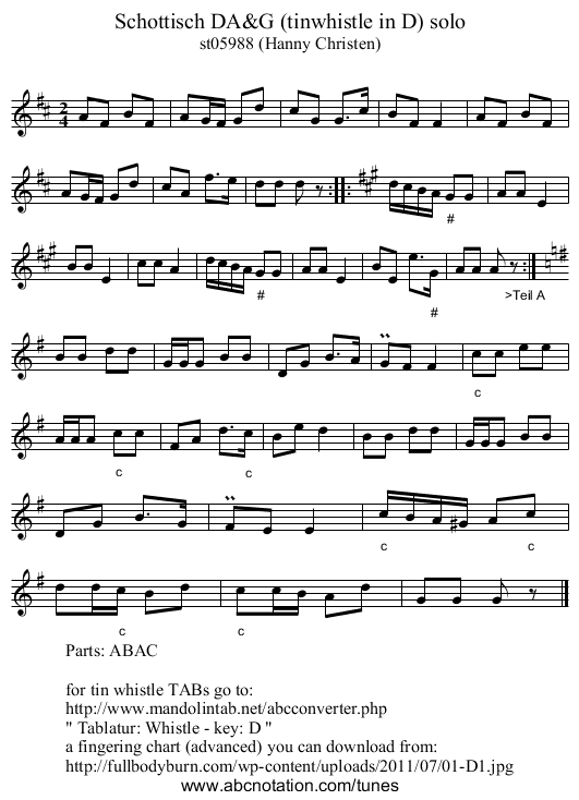 Schottisch DA&G (tinwhistle in D) solo - staff notation