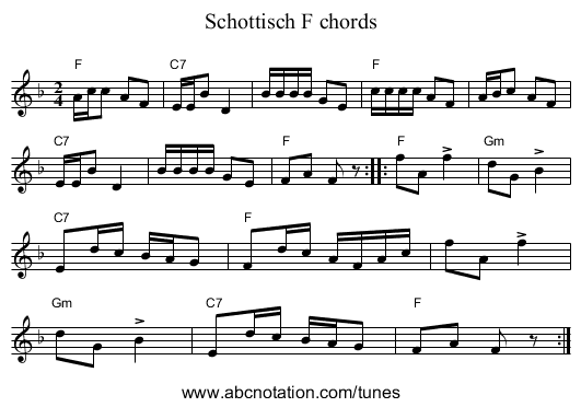 Schottisch F chords - staff notation