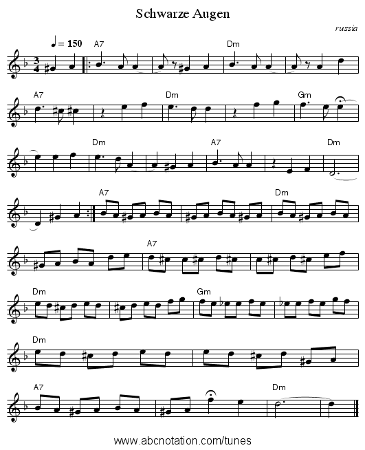 Schwarze Augen - staff notation