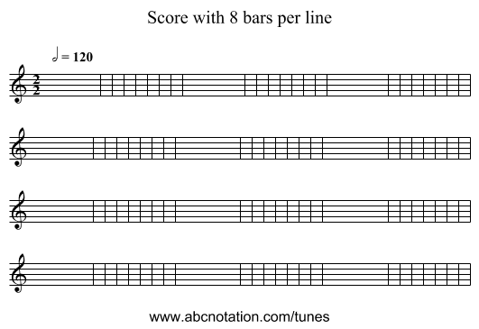 Score with 8 bars per line - staff notation