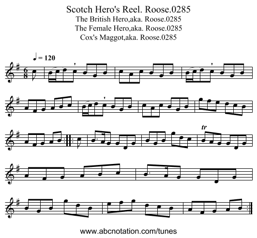Scotch Hero's Reel. Roose.0285 - staff notation