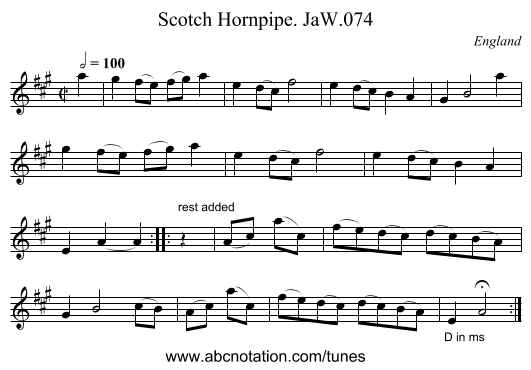Scotch Hornpipe. JaW.074 - staff notation