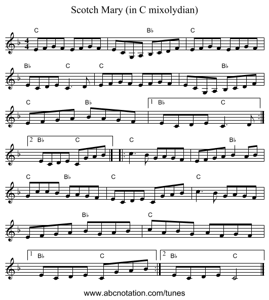 Scotch Mary (in C mixolydian) - staff notation