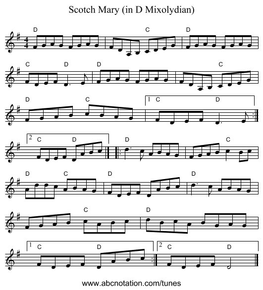 Scotch Mary (in D Mixolydian) - staff notation