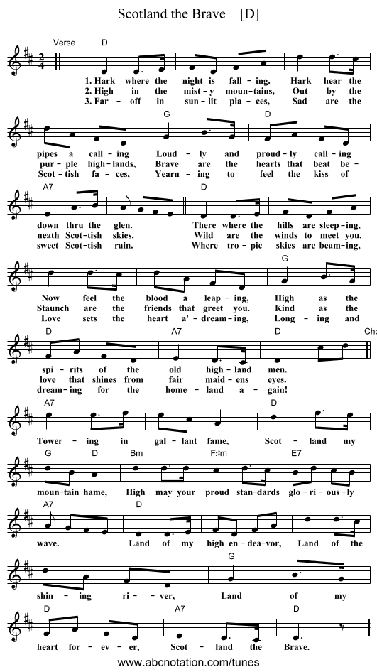 Scotland the Brave    [D] - staff notation