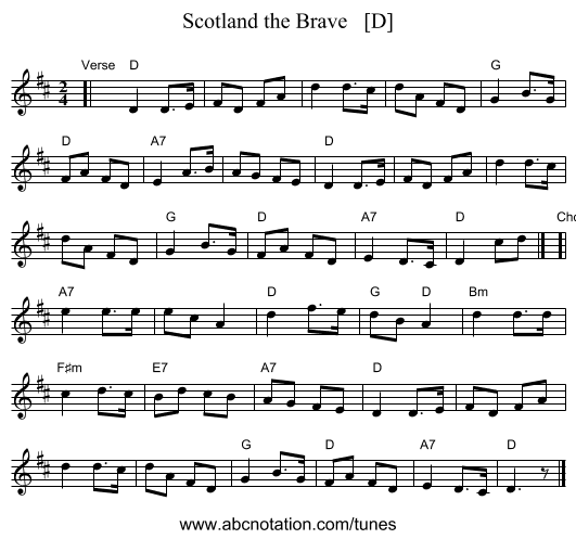 Scotland the Brave   [D] - staff notation