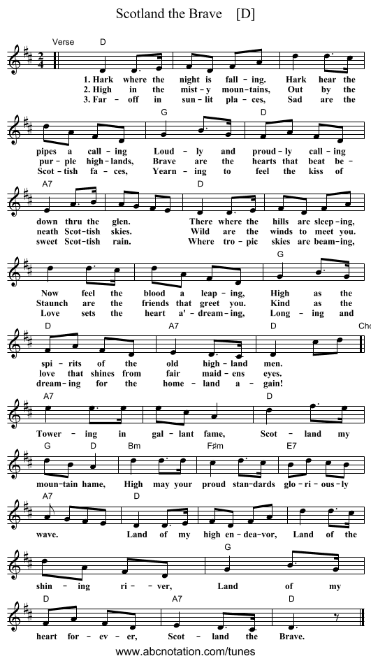 Scotland the Brave    [D] - staff notation
