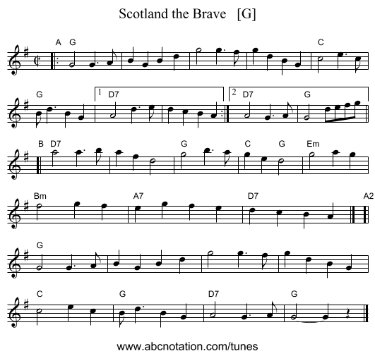 Scotland the Brave   [G] - staff notation