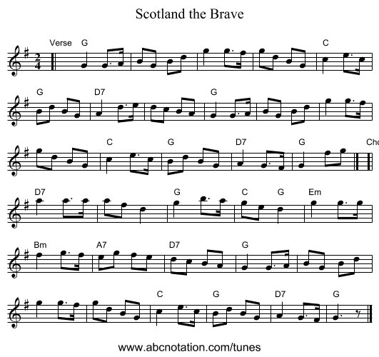 Scotland the Brave - staff notation