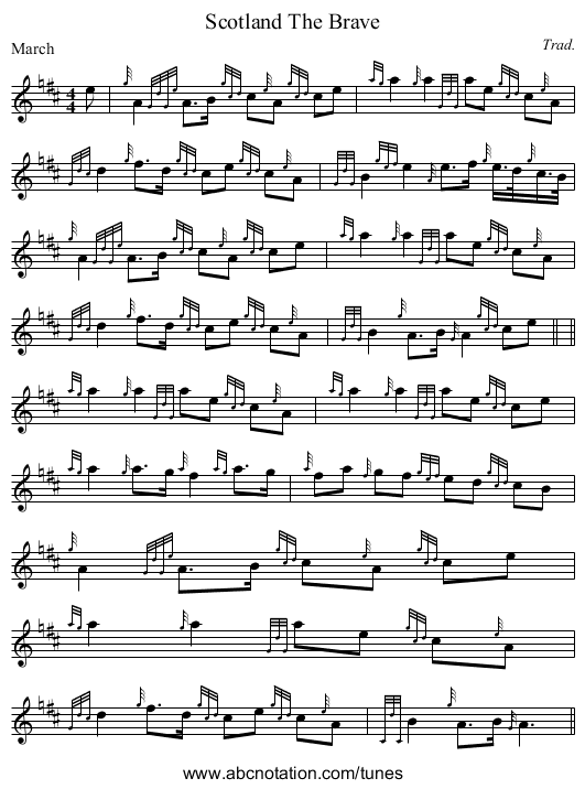 Scotland The Brave - staff notation