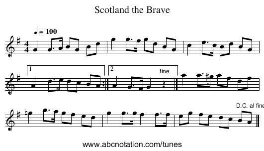 Scotland the Brave - staff notation