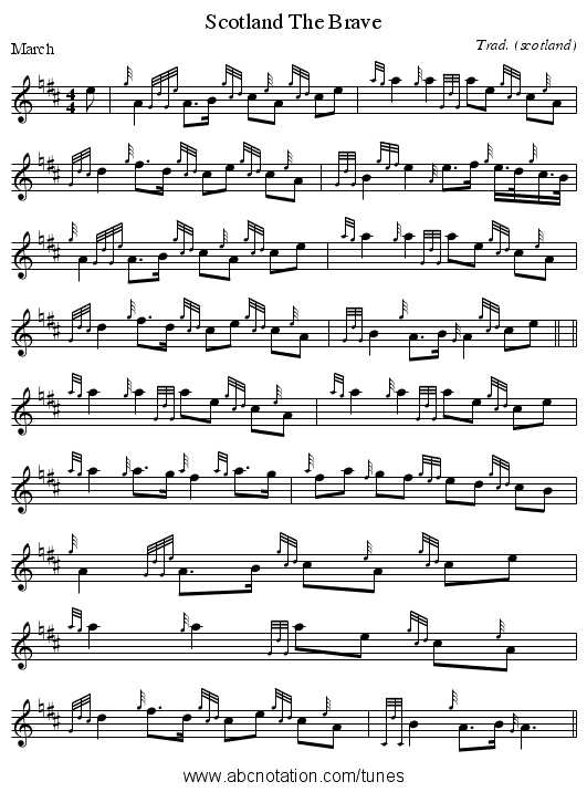 Scotland The Brave - staff notation