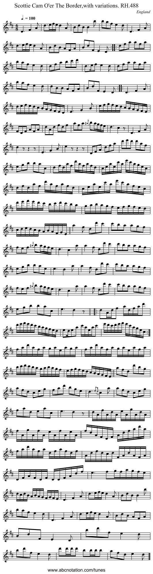 Scottie Cam O'er The Border,with variations. RH.488 - staff notation