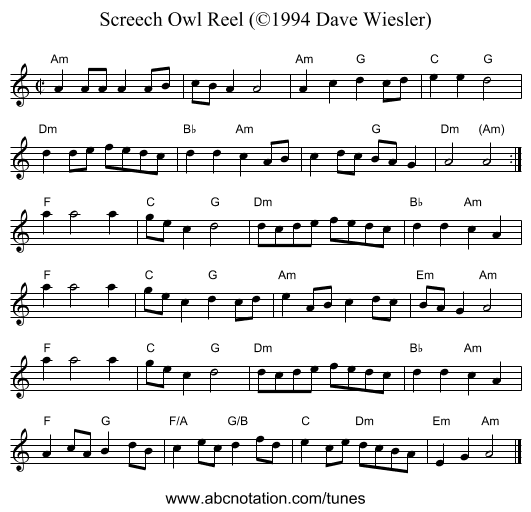 Screech Owl Reel (©1994 Dave Wiesler) - staff notation