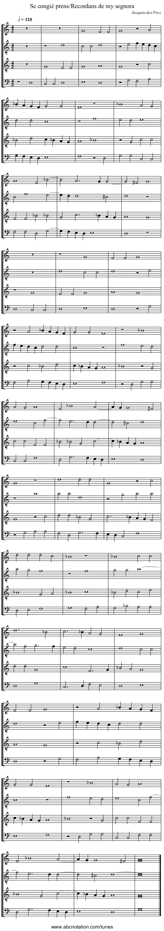 Se congi&eacute; prens/Recordans de my segnora - staff notation