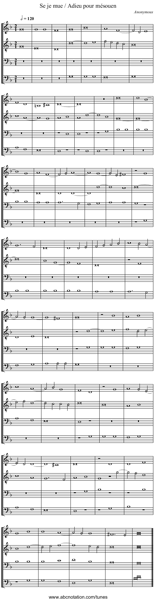 Se je mue / Adieu pour mésouen - staff notation