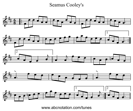 Seamus Cooley's - staff notation