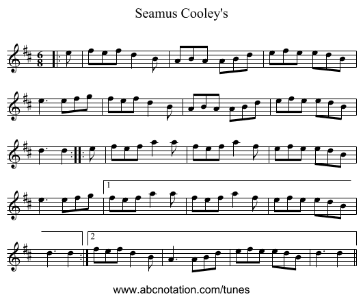 Seamus Cooley's - staff notation
