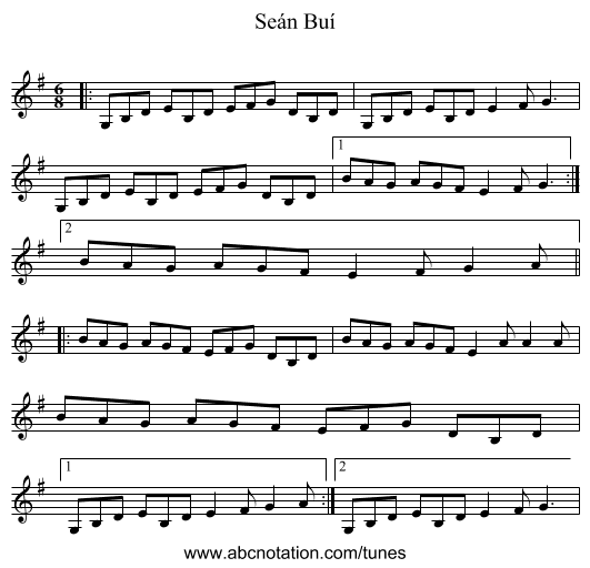 Seán Buí - staff notation