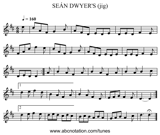 SEÁN DWYER'S (jig) - staff notation