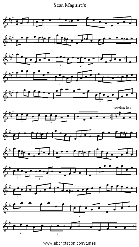 Sean Maguire's - staff notation