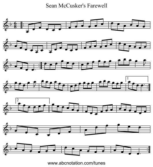 Sean McCusker's Farewell - staff notation