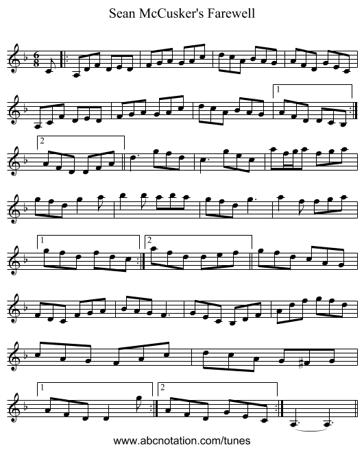 Sean McCusker's Farewell - staff notation