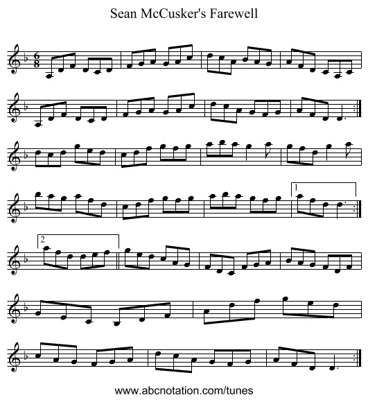 Sean McCusker's Farewell - staff notation