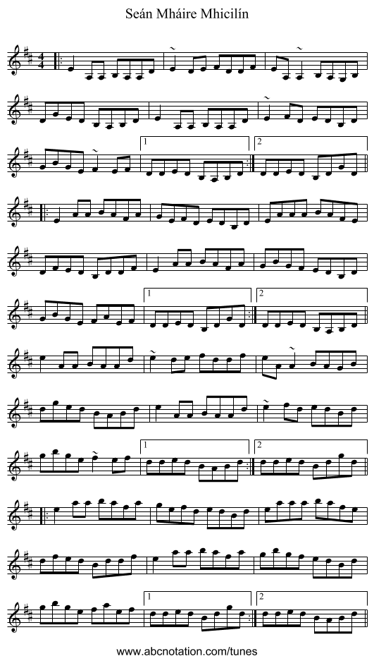 Seán Mháire Mhicilín - staff notation