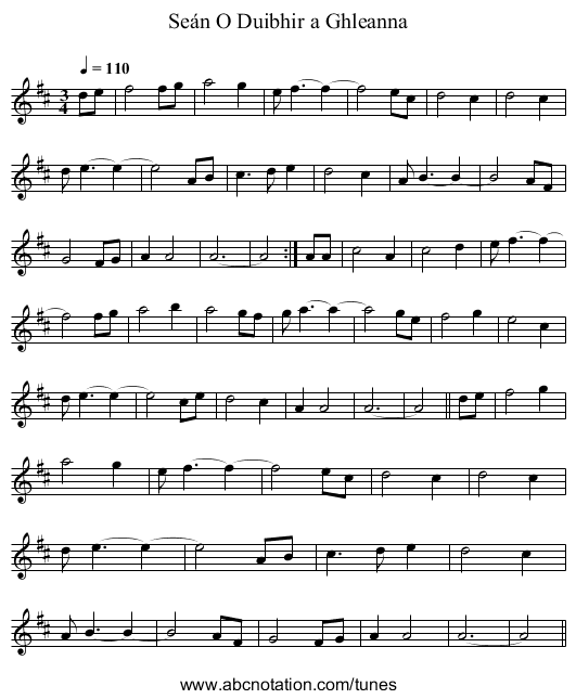 Se&aacute;n O Duibhir a Ghleanna - staff notation