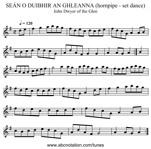 SEÁN O DUIBHIR AN GHLEANNA (hornpipe - set dance) - staff notation